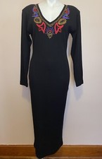 VTG Carole Little Black Embroidered Wool Blend V Neck Maxi Sweater Dress S