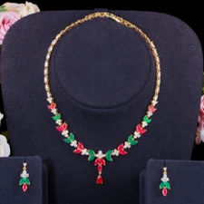 Beauty CZ Leaf Drop Earring Necklace Gold Plated Green Red Costume Jewellery Set