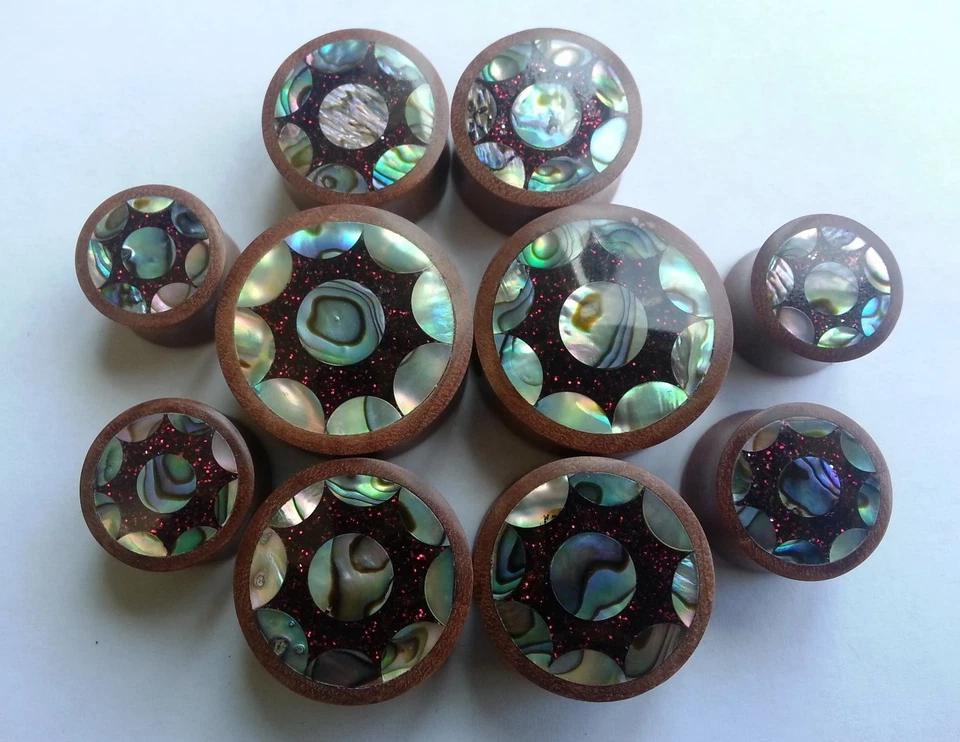 1 par de tampões de ouvido Sun Abalone Shell vermelho metálico glitter resina madeira saba sela - Imagem 2 de 4