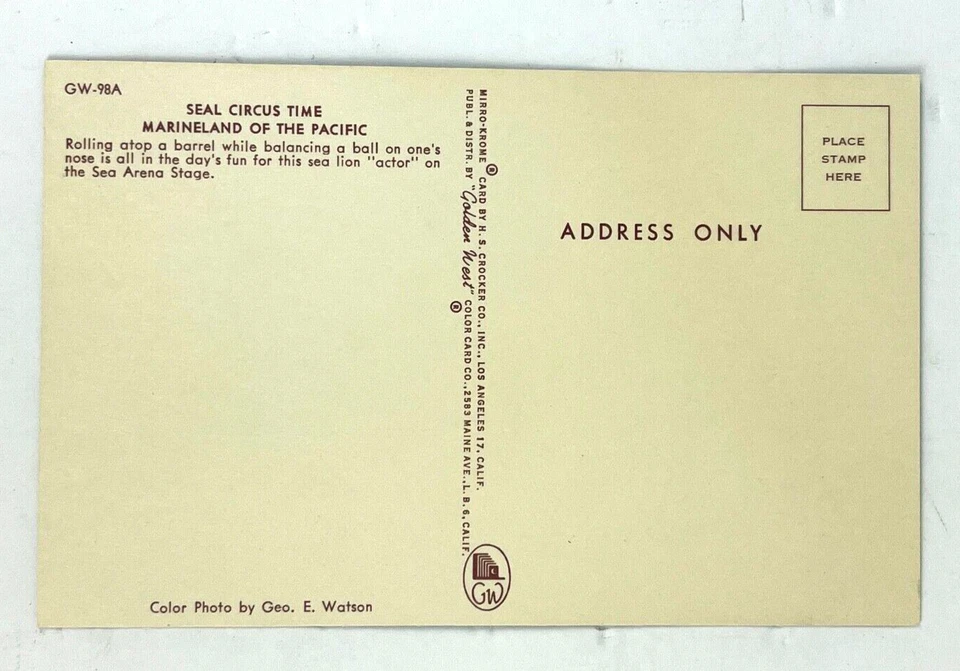 Postal de colección sello sin publicar Circus Time Marineland of the Pacific California Foto 2 de 3
