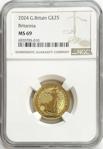 2024 GOLD GREAT BRITAIN 25 POUNDS 1/4 OZ BRITANNIA COIN NGC MINT STATE 69