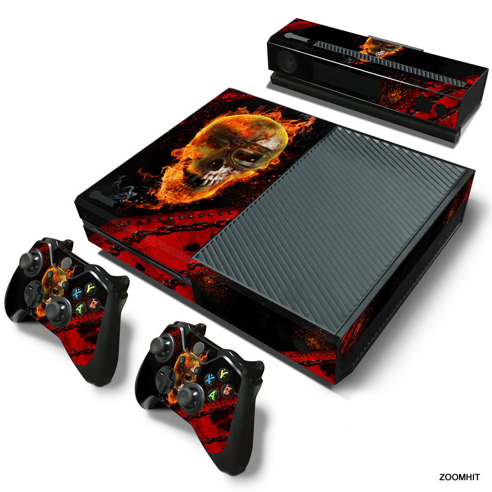 Xbox One Console Skin Decal Sticker Burning Skull + 2 Controller Custom Design-image