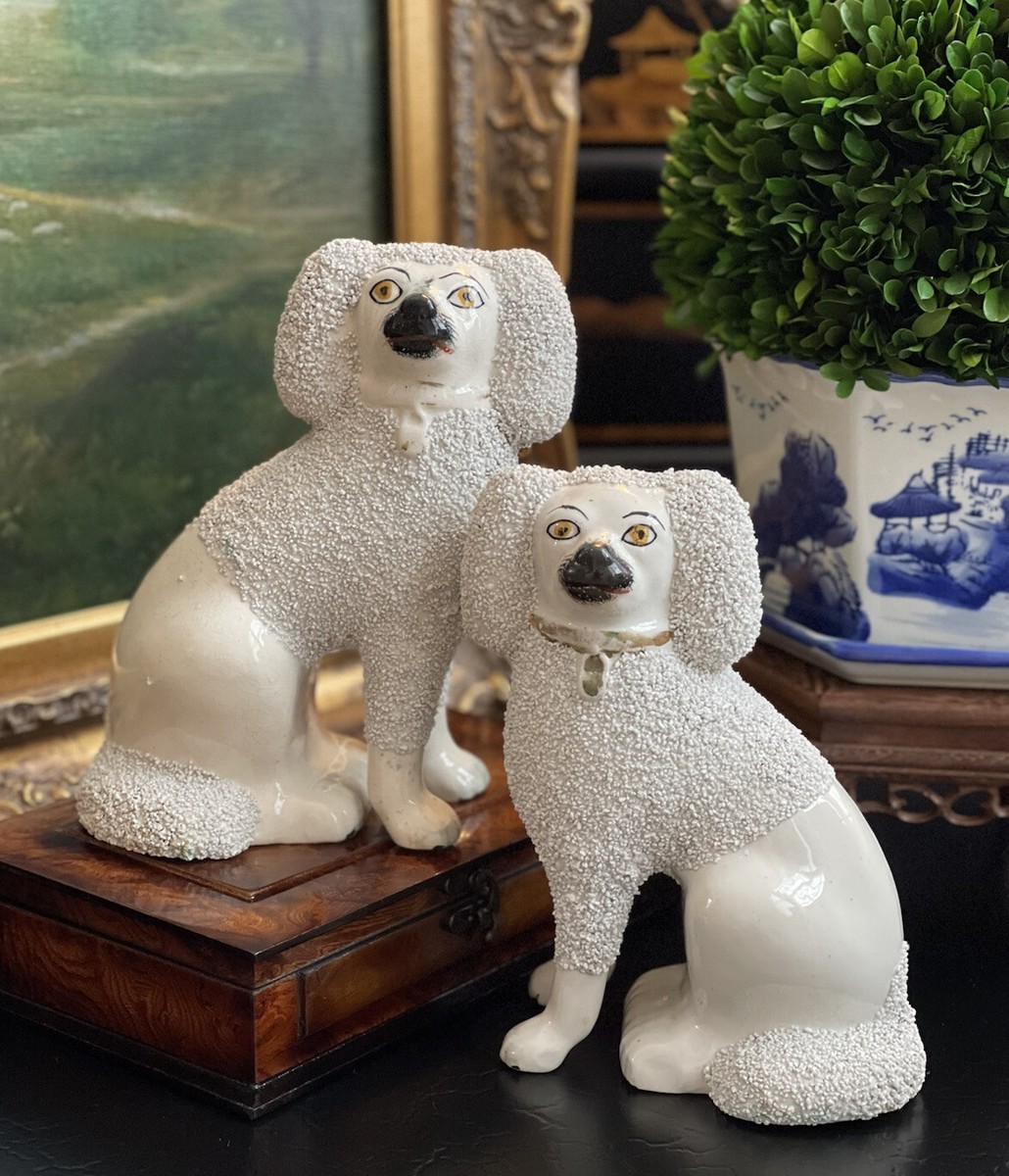 Rare Large Antique 19C White English Staffordshire Spaniel Mantle