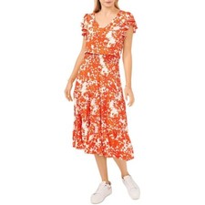 Vince Camuto Women's Blaze Orange Floral Midi Fit & Flare Dress Size XS
