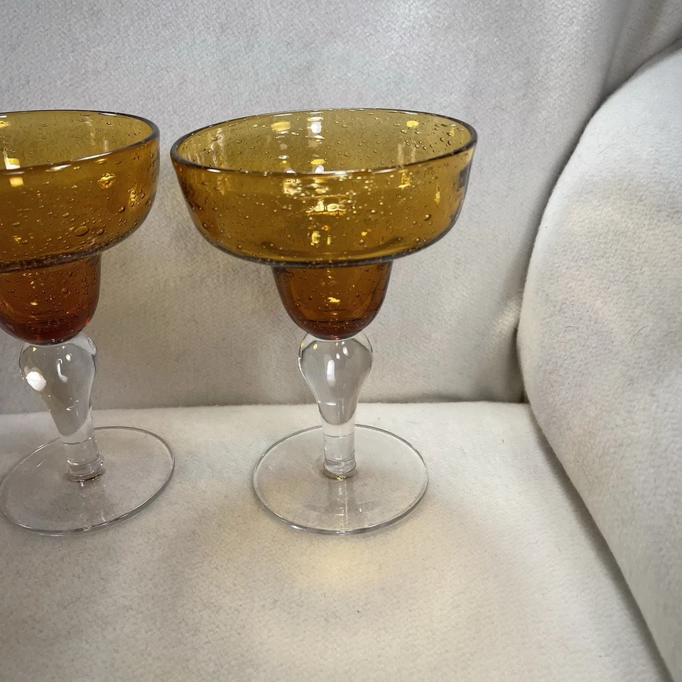 Set of 3 Hand Blown Artland Iris Amber Margarita Glasses Bubble Clear Stem - Image 3 of 4