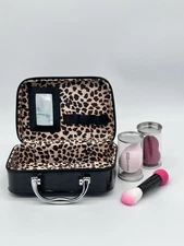 4 Pc Small Cosmetic Case Leopard Print Vanity Black Exterior PU Leather