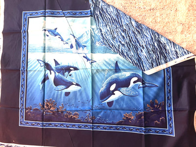 Vtg 80s Cranston Orca Killer Whales Sewing Fabric Quilt Panel +Extra Ocean Piece
