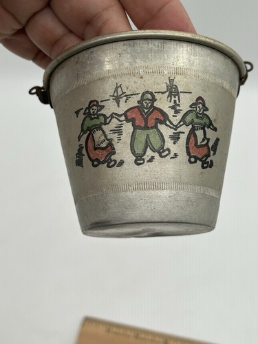 Tin Sand Pail Bucket Made In France Miniature w/ Dutch Children Green & Red 3” - Picture 9 of 13