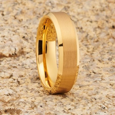 Yellow Gold Tungsten Wedding Band,Brush Finish,Beveled Edges,Tungsten Carbide
