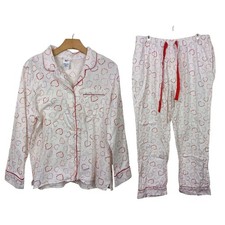 Lands End Womens Flannel Pajama Set Large White Hearts 100 Cotton Cozy - 2 PCS