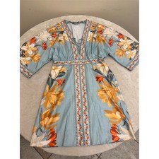 SHEIN Dress Womens Size M Blue Orange Floral Boho V-Neck Tie Waist Midi