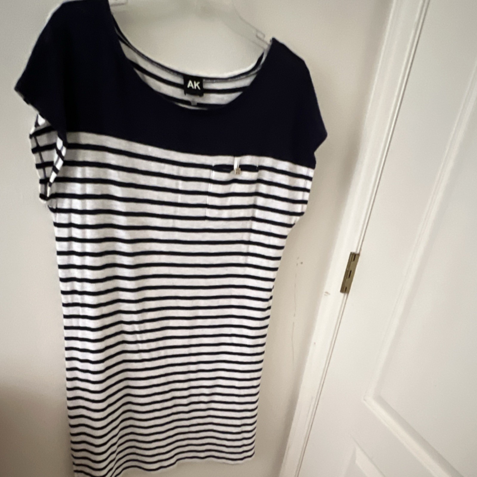 AK Navy White Striped Shift Dress Short Sleeve Boat Neck Knee Size M