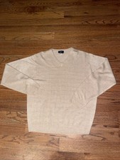 Dockers V Neck Knit Sweater Large Sand Khaki Tan Textured Golf Prep Grandpa EUC