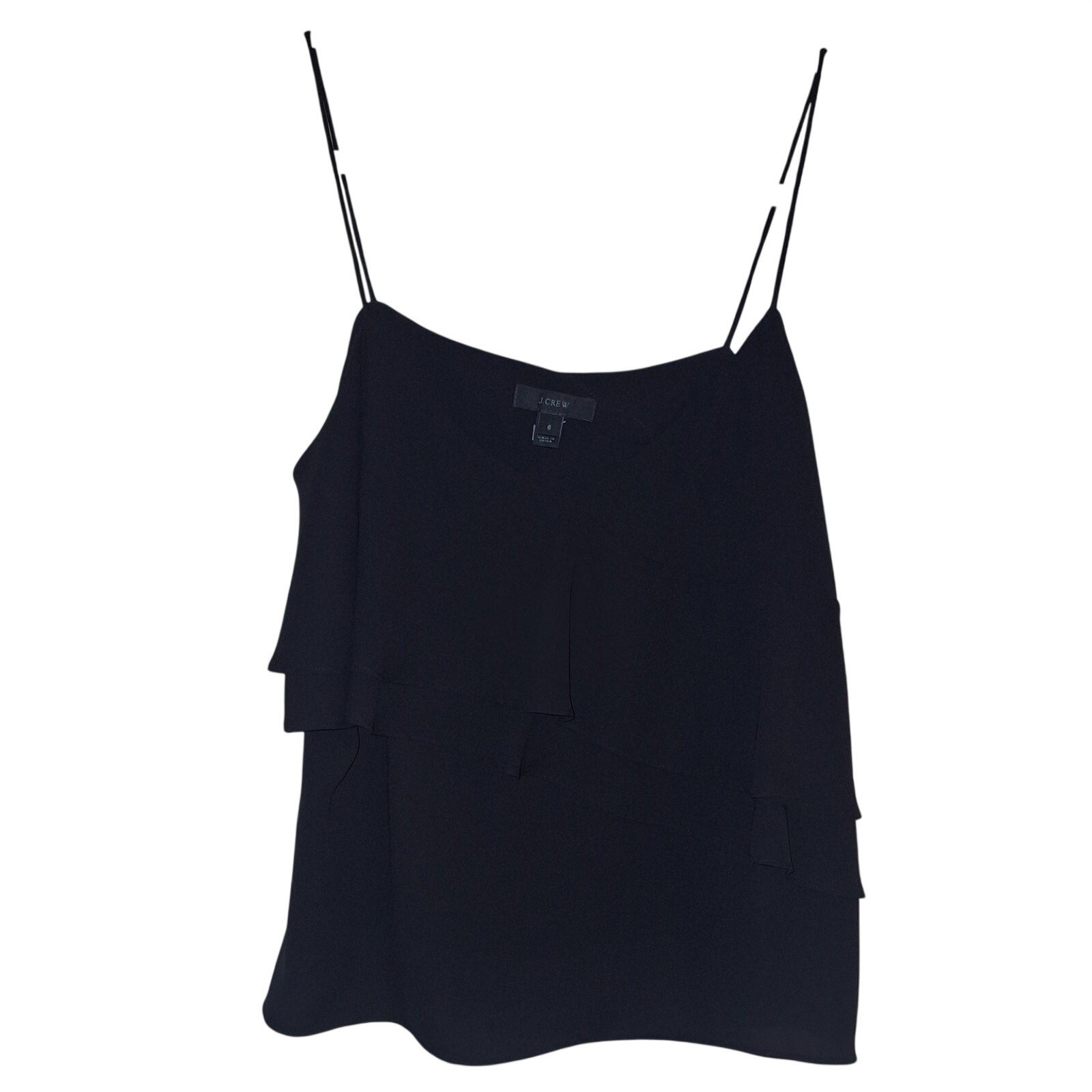 J Crew Black Ruffle Size 6 Spaghetti Strap Tank Top Blouse Feminine Office Goth