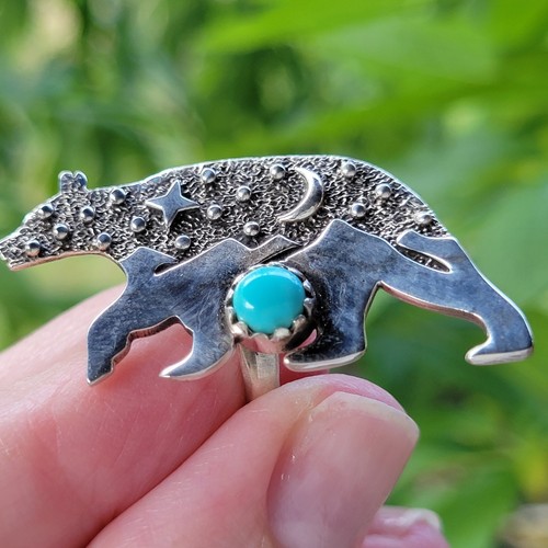 Turquoise Bear, Moon & Stars Ring Size 8 Navajo Style w/ 925 Sterling Silver - Picture 5 of 8