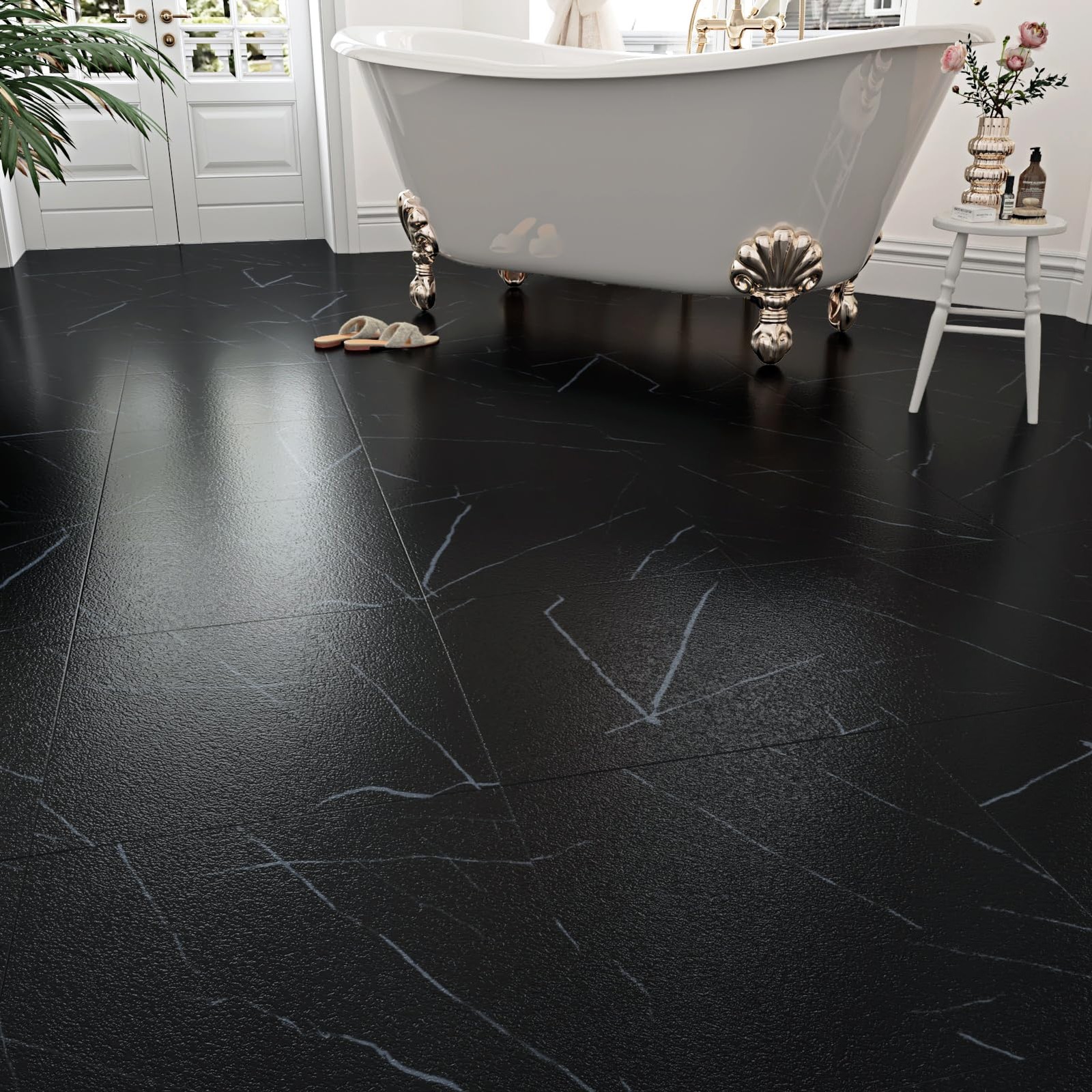 20 PCS Black Marble Peel & Stick Waterproof Bathroom Floor Tiles