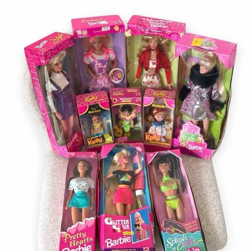 Mixed Vintage Barbie & Kelly Dolls –all NRFB – Bright Pink Box Collection