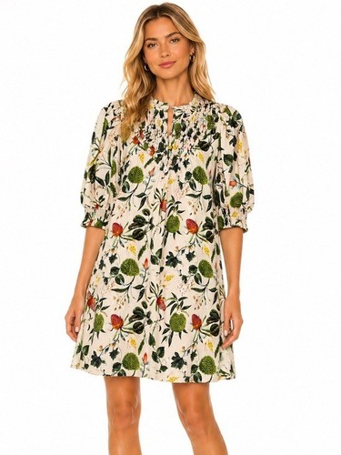 Olivia James Cotton Botanical Mini Bea Dress Puff Sleeve Beige Size S ret. $286