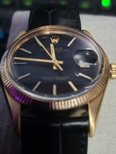 Rolex Date 15037 Vintage 14K Gold RARE Black Dial Alligator Leather Gold Buckle
