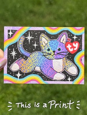 ACEO Limited PRINT, Cat Toy Beanie Baby, Lisa Frank, 2.5x3.5 Samantha Woods