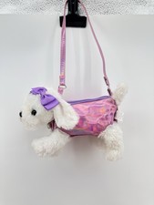 White Plush Dog Stuffed Animal Purse 12  Pink Cross Body Purple Bow Heart Collar