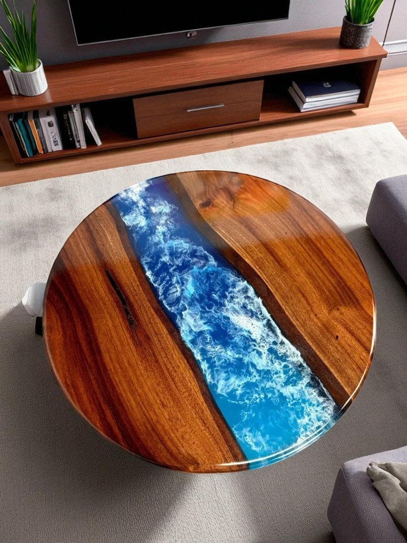 24-Inch Ocean Wave Epoxy Resin Wood Coffee Table for Home and Hotel Decor  -image