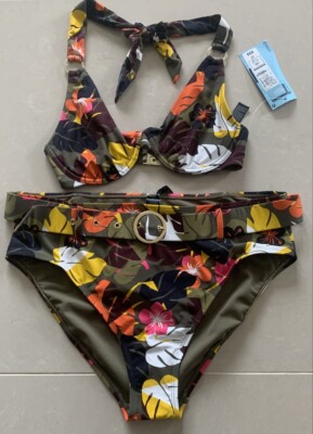 M&S Marks And Spence Bikini Oberteil & hoch tailliertes Unterteil in Khaki Mix BRANDNEU