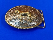 Vintage Classic Raised Gold or brass tone Horse 3D on Western Belt Buckle