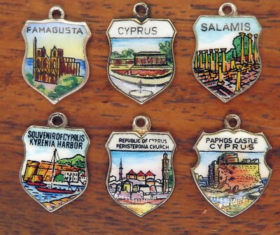 Vintage silver REPUBLIC OF CYPRUS ISLAND SOUVENIR ENAMEL TRAVEL SHIELD charm