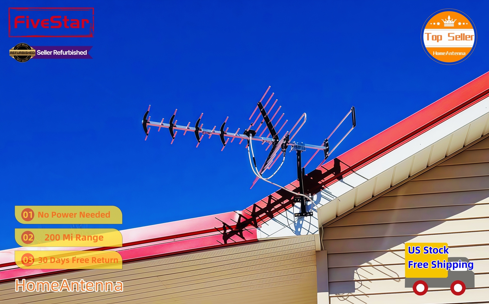 Outdoor HDTV Antenna 200 Mile Range Digital VHF UHF OTA w/ Pole & Splitter