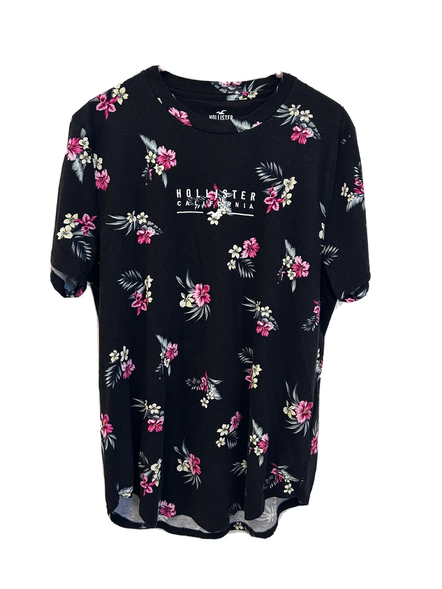 Hollister Women’s Size Large Black Floral Crew Neck T Shirt Short Sleeve,  Logo