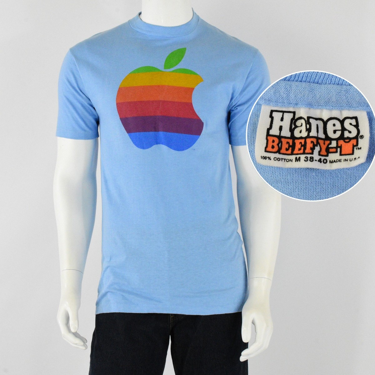 1980s Vintage Apple T Shirt in Sky Blue Rainbow T 80s Vintage Mens 