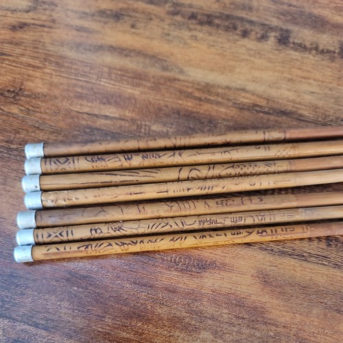 (7) Vintage Bamboo Wooden Etched Chop Sticks w/ Metal Ends - Picture 5 of 6