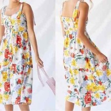 Urban Outfitters Positano Linen Tie-Shoulder Midi Dress Multicolor Floral Sz S