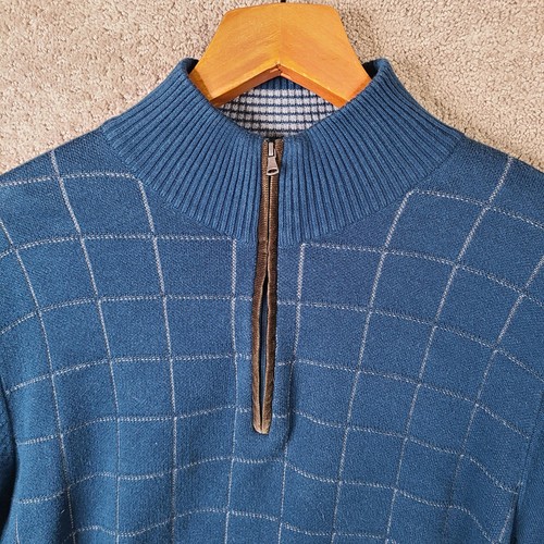 Alan Flusser Sweater Mens Medium Blue Check 1/4 Zip Mock Neck Cotton Golf Teal - Picture 2 of 7
