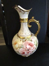 VTG Porcelain Pitcher Vase 13" Hand Painted Floral Gold Detail Ornate Handle