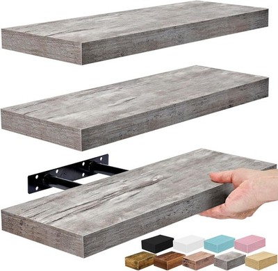16 Inch Floating Shelves 3 Pack - Grey Wall Mounted Storage Shelves