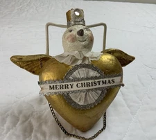 Snowman Angel Figure, Folk Art, Hanging, Heart, Wings, Merry Christmas