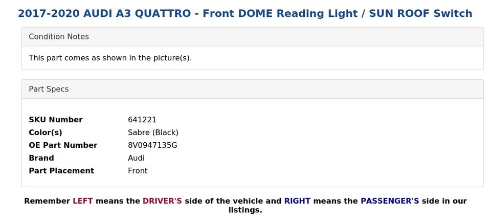 AUDI A3 QUATTRO 2017-2020 - Luz de lectura cúpula delantera/interruptor techo corredizo Foto 4 de 4
