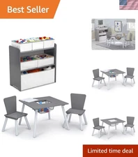 Kids' 4-Piece Playroom Solution: Grey/White Table & Chairs with Storage Bins
