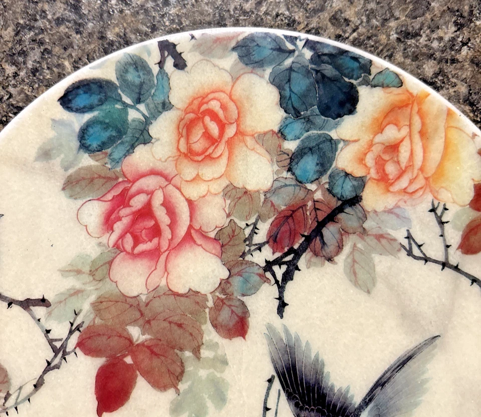 Placa de piedra japonesa vintage de Japón con pájaros policromados y decoración floral del hogar-usada en excelente estado Foto 3 de 4