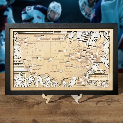 Personalzied Wodden Hockey Stadium Travel Map Tracker, Custom Hockey Park Sign
