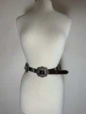 Belt Brown Leather  Concho Silver Floral Medallion Medium Western Country Girl