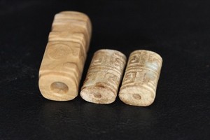 Liangzu Style Cong Shaped Bead with Face Motifs and Two Oblong Archaistic Beads