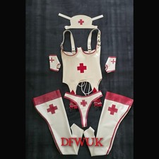 UK MADE Nurse Fetish Set Cupless Basque Thong Stockings latex rubber White Red 