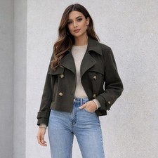Mango Green Wool Blend Lapel Short Coat Jacke...