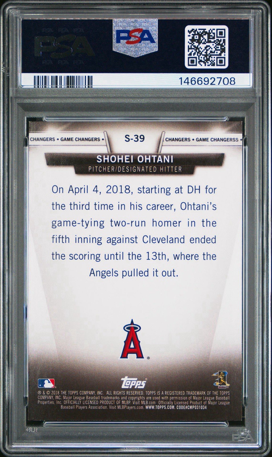 2018 Topps Update Series - Salute Game Changers Shohei Ohtani #S-39 (RC)- PSA 7 view 2