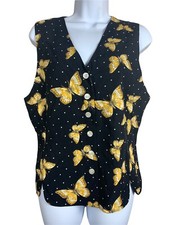 Vintage Norton McNaughton Vest Butterflies Womens 12 Petite Button Black Yellow