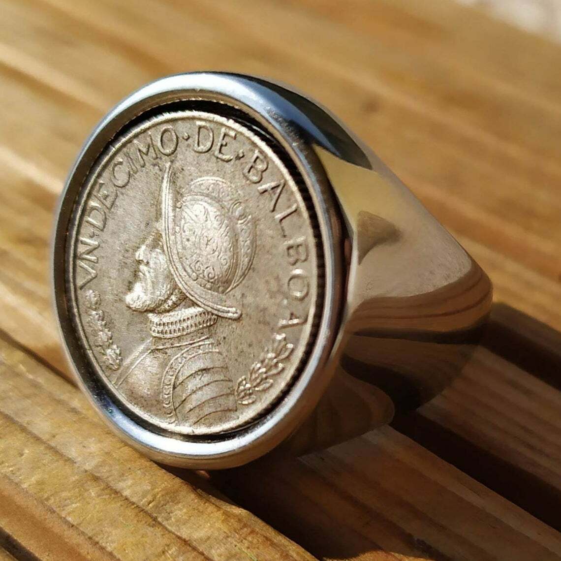 Bague chevalière en argent véritable avec pièce Balboa du Panama pour homme