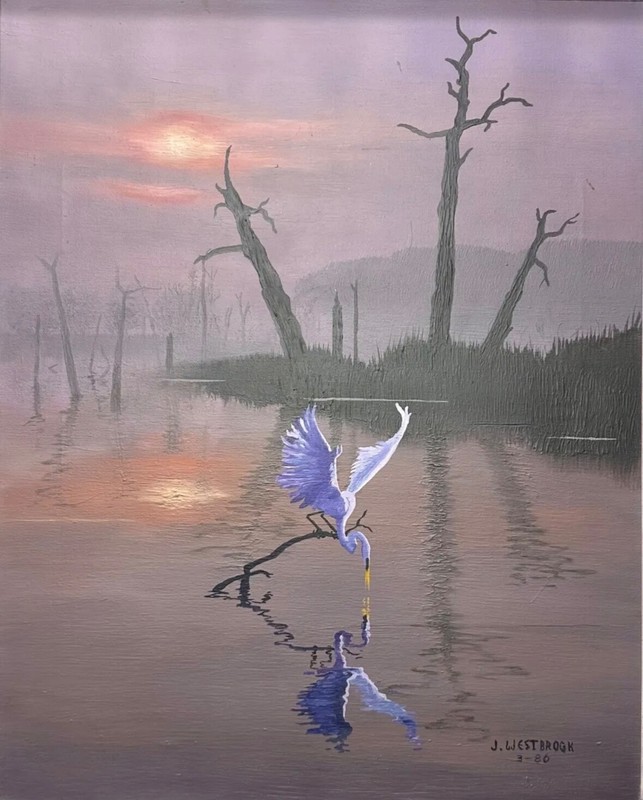 J. Westbrook Signed Original Large Framed Realism Bayou Egret Bird Oil Painting